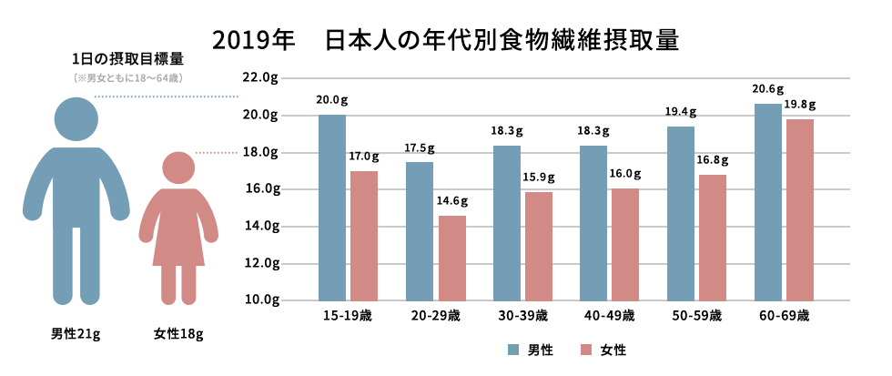 2019年　日本人の年代別食物繊維摂取量 グラフ